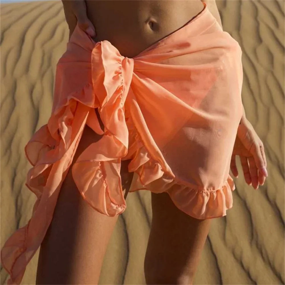New Women Mesh Wrap Skirts Bikini Cover-Ups Ruffle Kaftan Sarong Sexy Beach Skirt Cover-Ups 9 Color