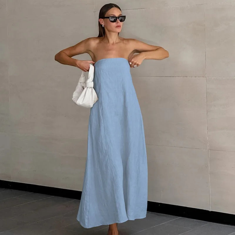 Minimalist Cotton Linen Design Strapless Dress Summer Women's Personal Street Elastic Backless Pocket Vacation Beach Dress
