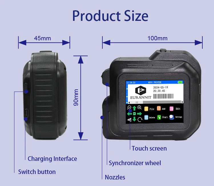 EURANNIT E98 0.5Inch Portable Mini Printer 2.8inch Touchscreen Inkjet Printer Expire Date QR Barcode Logo Label Printing Machine