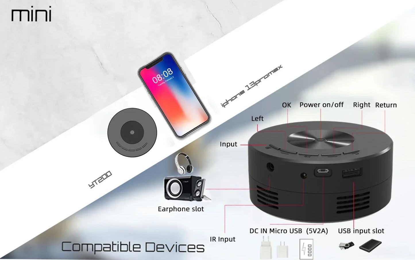 YT200 mini projector led mobile video home theater media player kids gift cinema wired same screen projector for iPhone Android