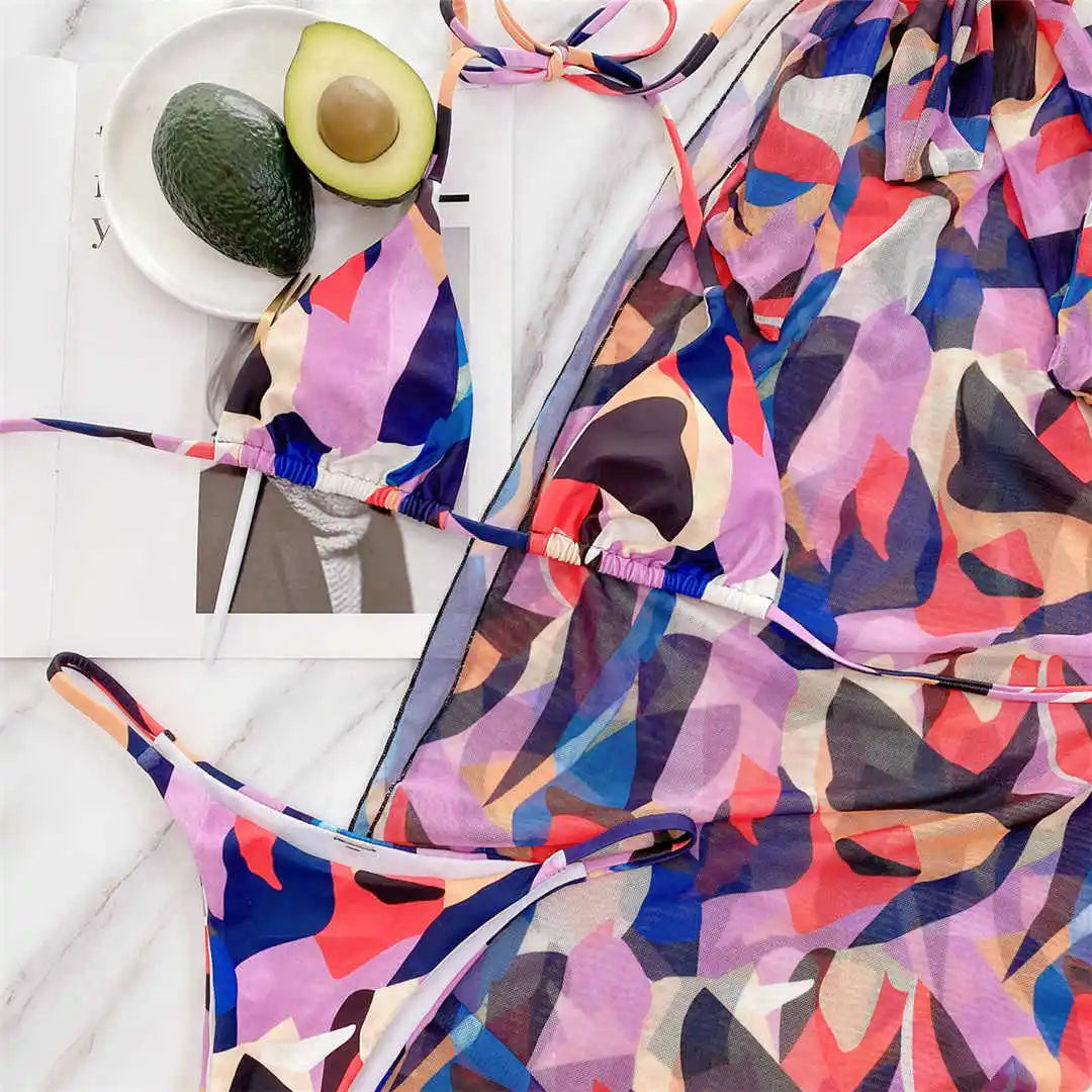New Cube Printed Halter Bikini Female Swimsuit Women Swimwear Three-pieces Bikini set With Sarong Bather Bathing Suit Swim V2804