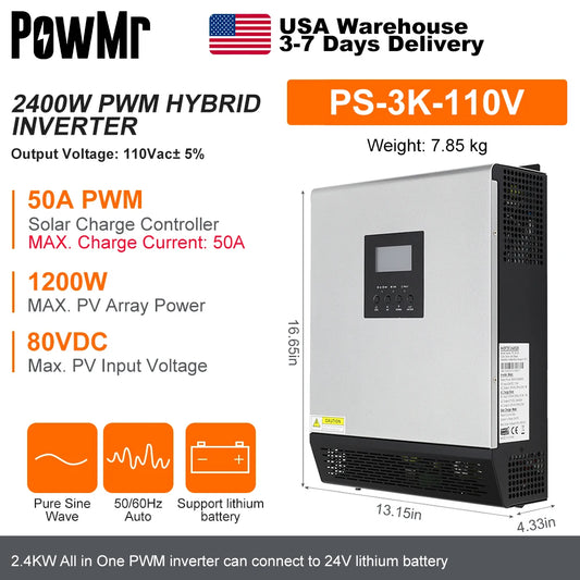 PowMr 3KW Hybrid Solar Inverter 24V to 110V 120V 2400W Pure Sine Wave PWM 50A Solar Charge Controller and AC Charger for Home