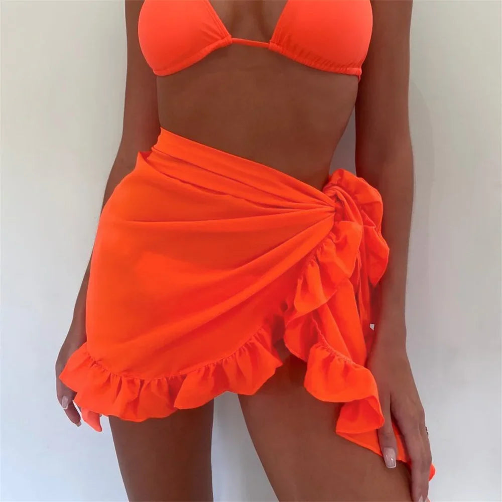 New Women Mesh Wrap Skirts Bikini Cover-Ups Ruffle Kaftan Sarong Sexy Beach Skirt Cover-Ups 9 Color