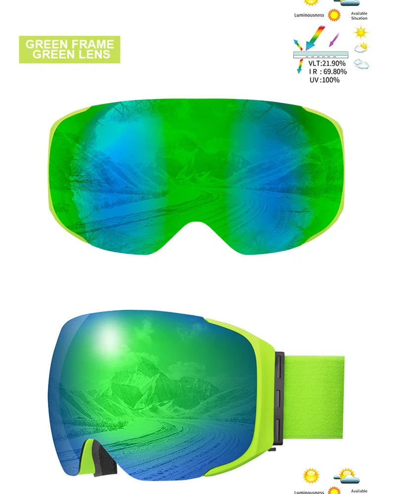PHMAX Magnetic Ski Goggles UV400 Skiing Eyewear Anti-fog Lens Women Men Winter Outdoor Sports Mountain Snowboard Big Snow Goggle