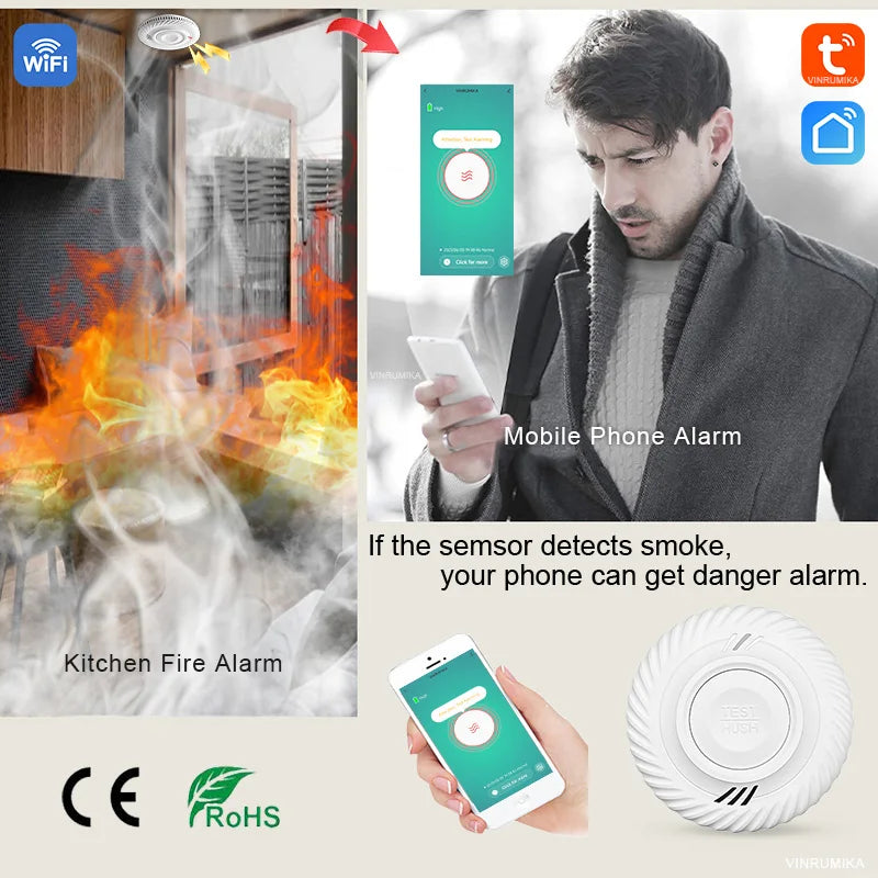 Built-in 10 Year Battery Smoke Detector WiFi Function Tuya Smart Home Parlor Child Room Kitchen Shop Fire Sound Alarm SensorSmoke DetectorsGoWisse.com
