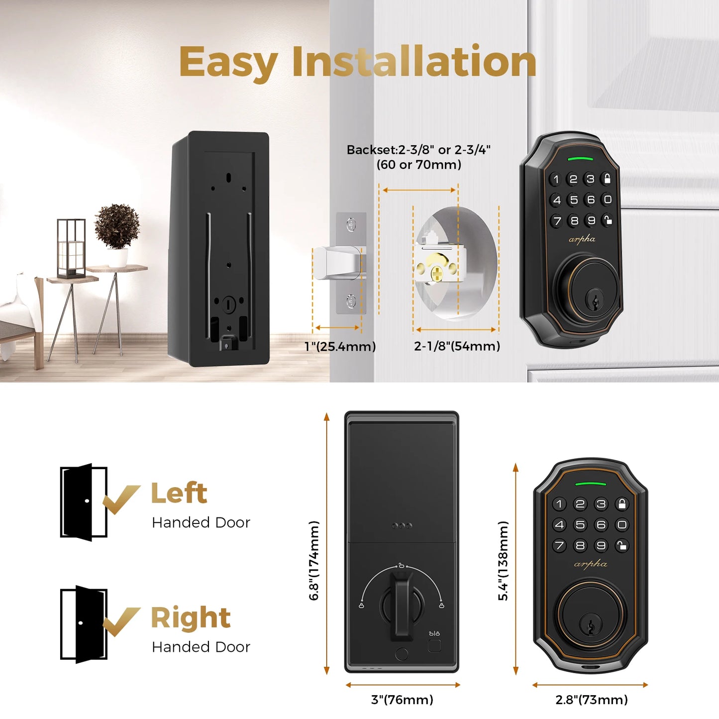 Arpha Smart Lock D180 100 Entry Codes 16 Anti Peeping Password Electronic Keypad Deadbolt Electronic Door Lock Low Battery Alarm