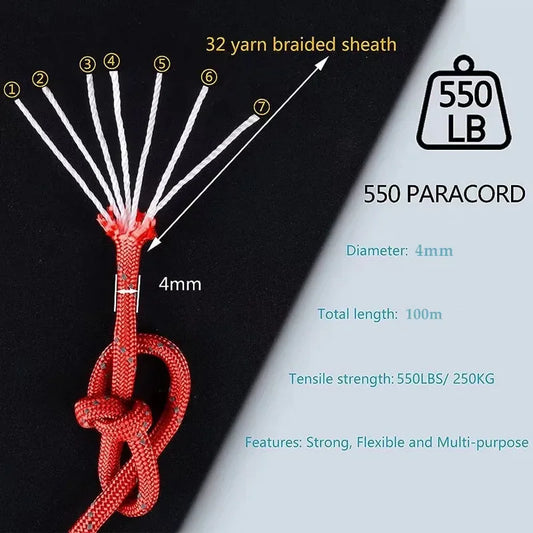 Reflective Paracord Rope, Military, 7 Strand, 4mm, 550 Tactical Parachute Cord, Camping Tent, Lanyard, DIY Bracelet Weaving Rope