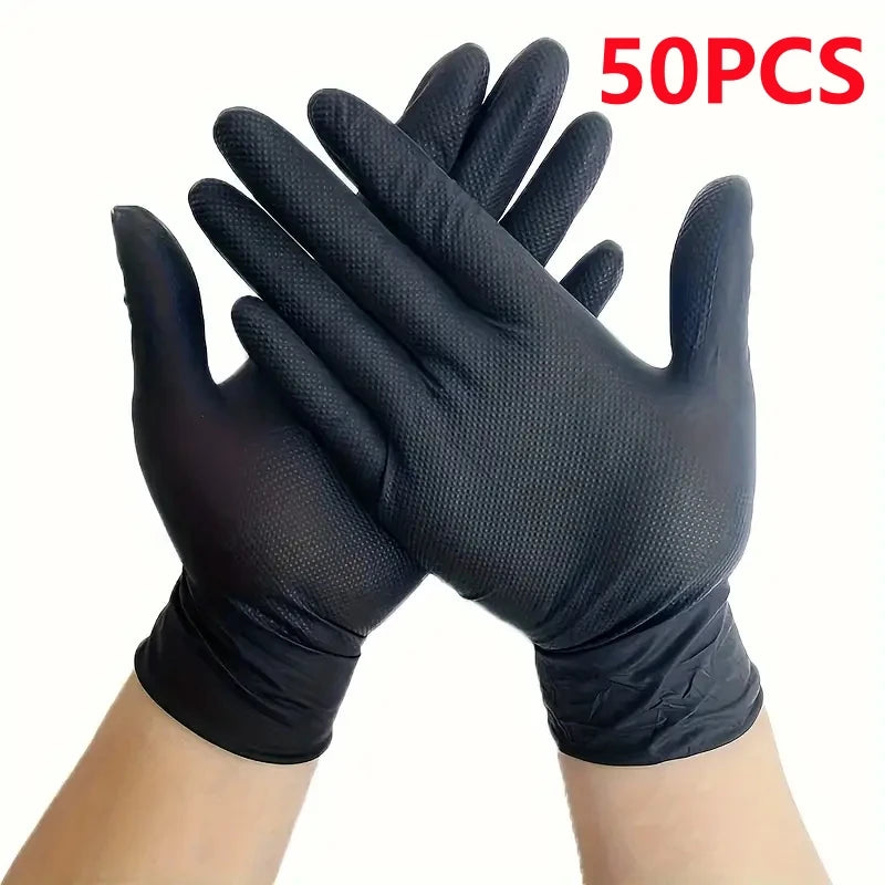 10/30/50PCS Heavy Duty Black Nitrile Gloves Disposable 8mil Industrial Raised Diamond Texture Gloves Mechanic Safety Work Gloves