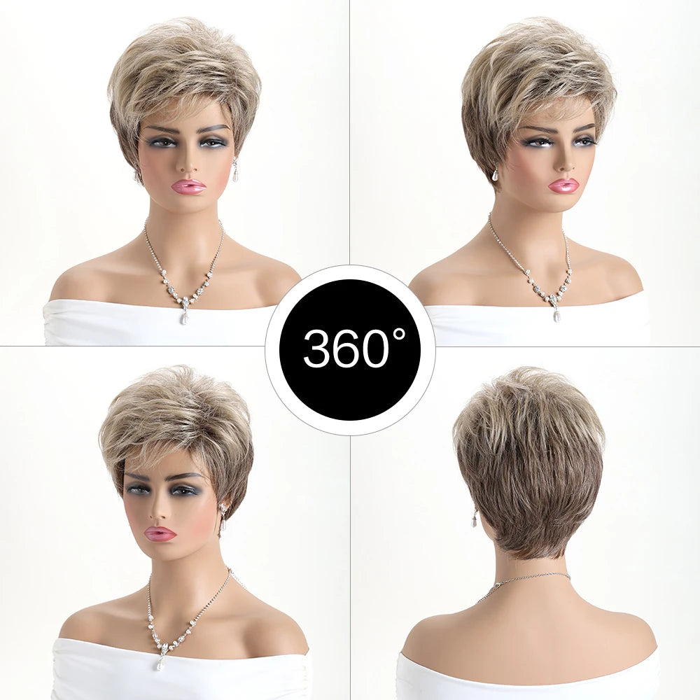 Short Natural Wigs with Bangs Soft Mommy Hair Daily Use Short Grey Ombre Curly Synthetic Hair Costume Party Wig for Women