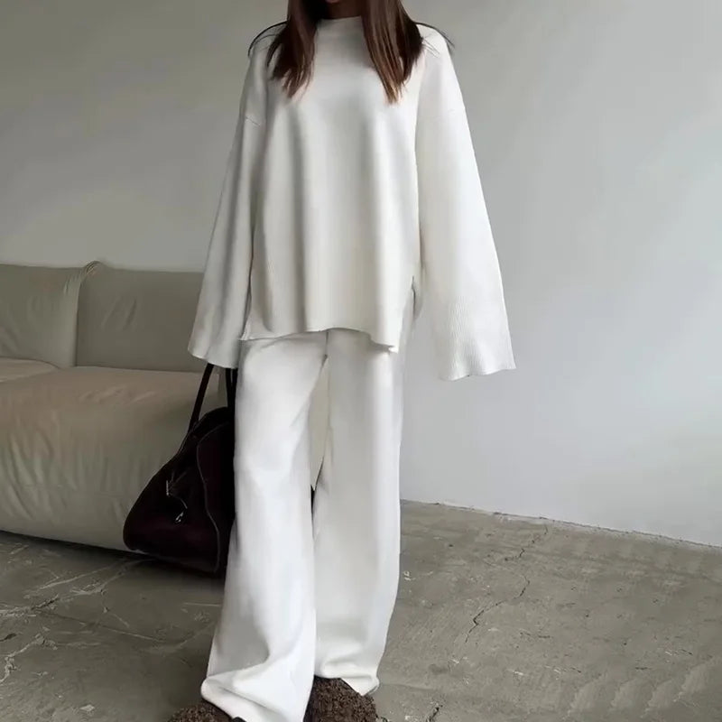 2025 Solid Color Knitted Sweater Two Piece Set Women Fashion Loose O Neck Knitting Pullover Trousers Sets Female Simple Style