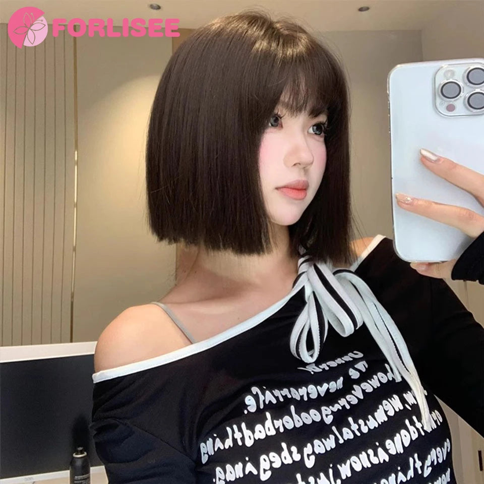 FORLISEE Synthetic Wig Short Black Brown with Bangs for Women Bob Straight Wig High Temperature Daily Cosplay Party Wigs
