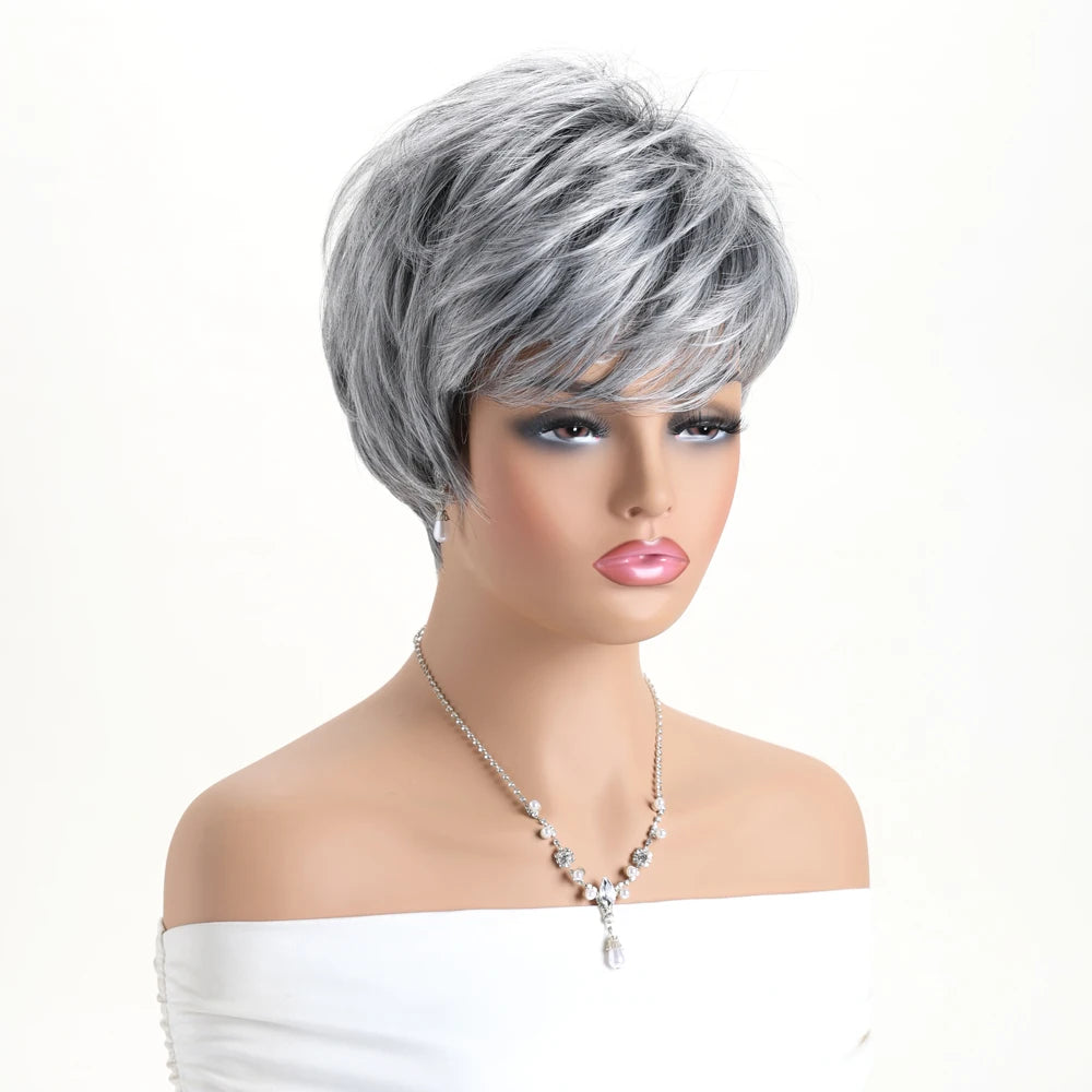 Short Natural Wigs with Bangs Soft Mommy Hair Daily Use Short Grey Ombre Curly Synthetic Hair Costume Party Wig for Women
