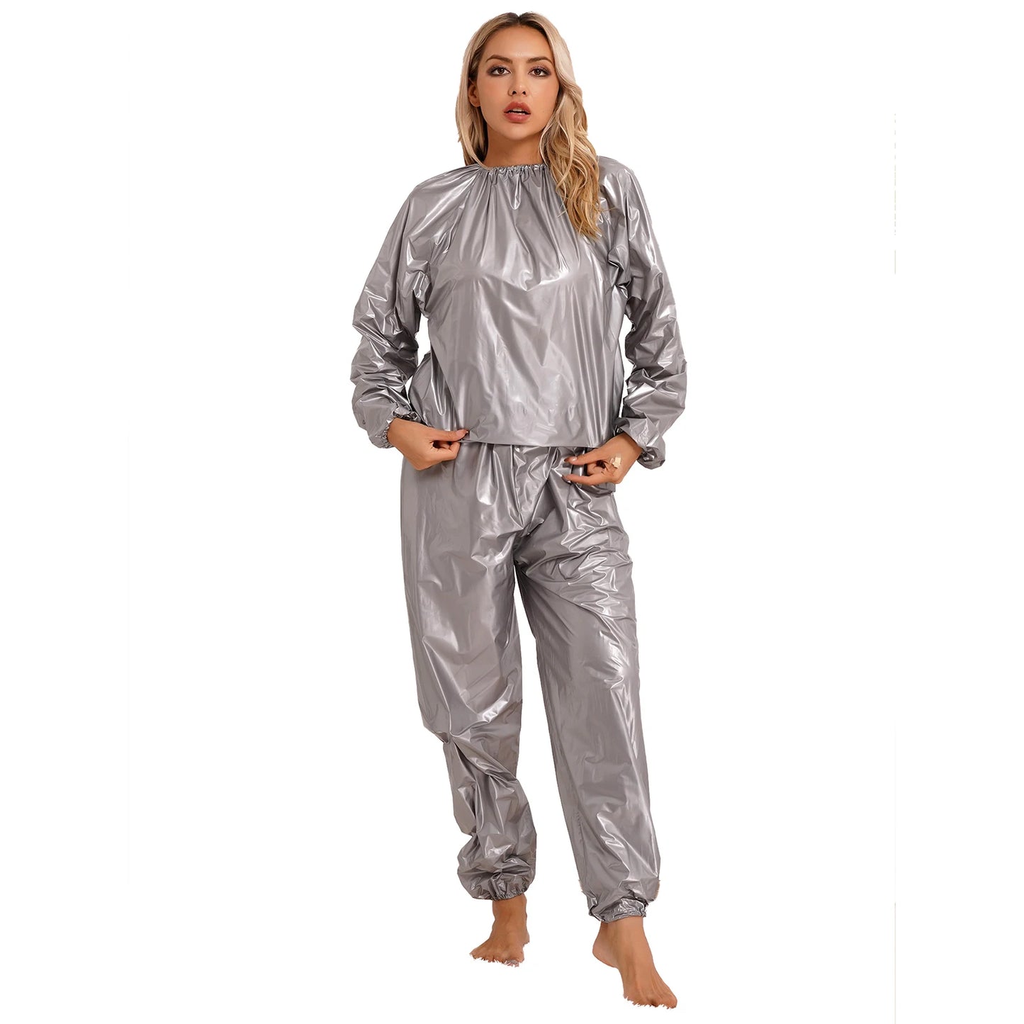 2Pcs Women Sauna Suit PVC Long Sleeve Elastic Cuff Top Pants Set Fitness Gym Workout Outfit Sweat Suits for Adults Clothes Sets