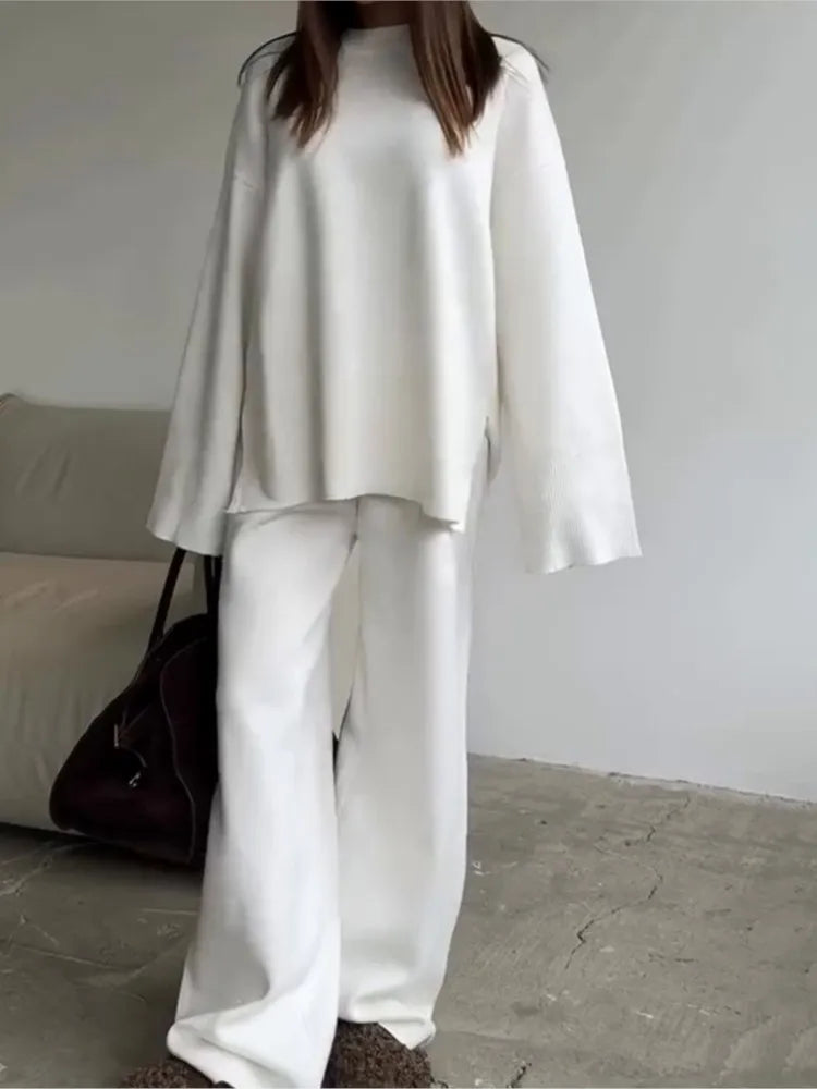2025 Solid Color Knitted Sweater Two Piece Set Women Fashion Loose O Neck Knitting Pullover Trousers Sets Female Simple Style