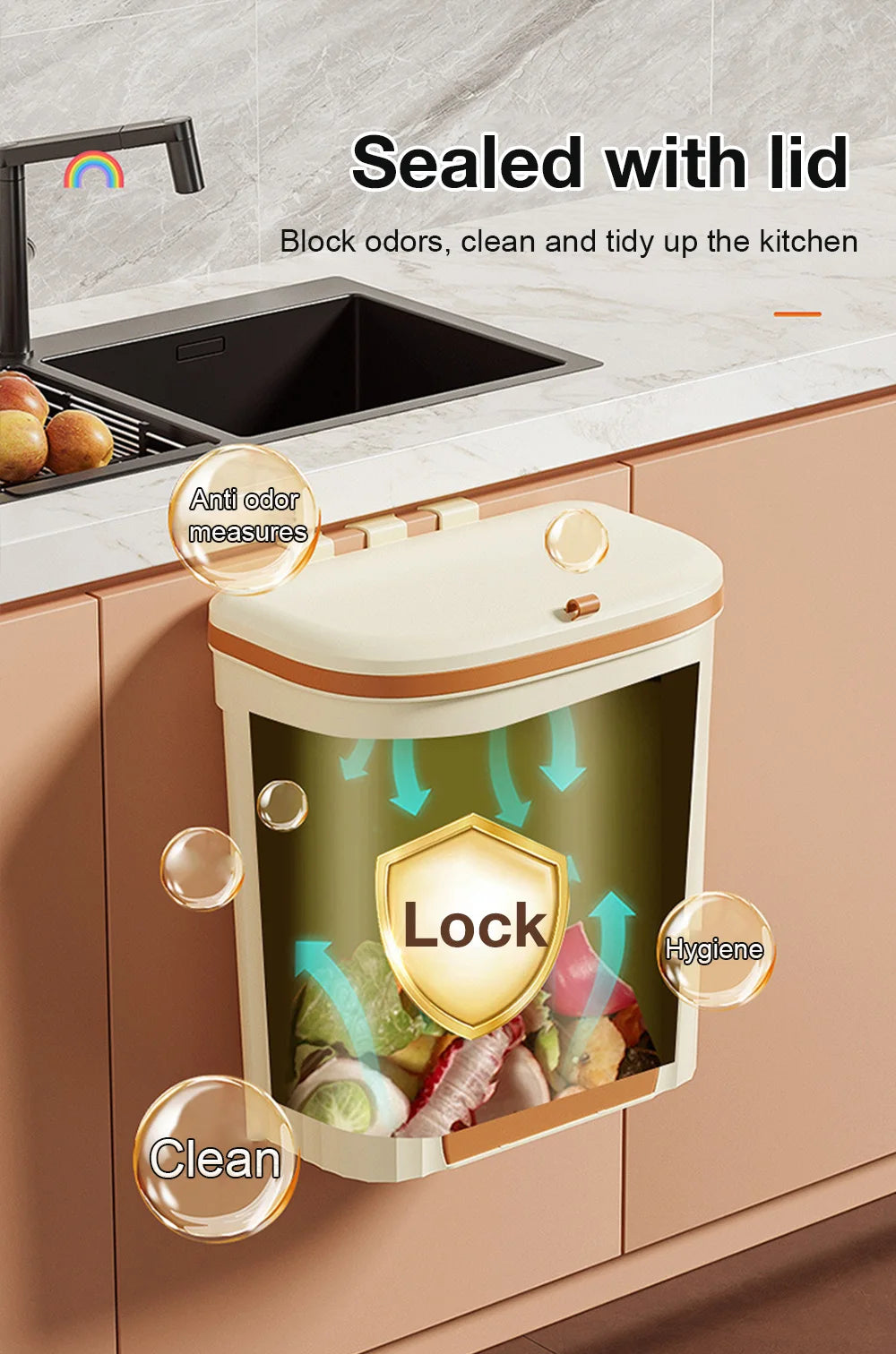 8.5/12L Kitchen Wastebasket Wall Mounted Trash Can With Lid Bathroom Trash Bin Garbage Can for Cabinet Under Sink Compost Bin