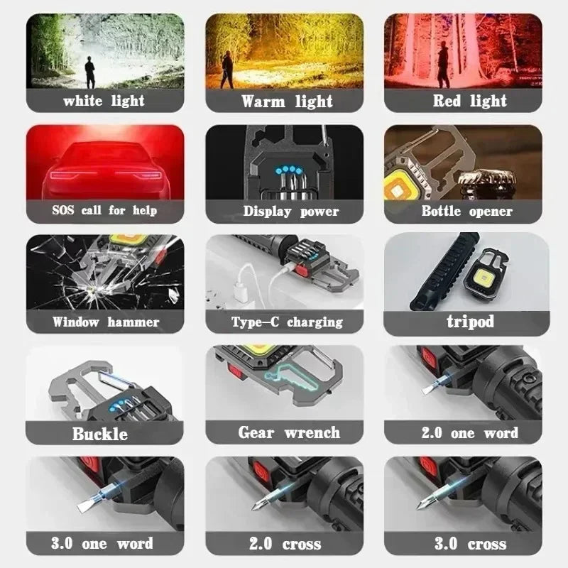 COB Flashlight Rechargeable Portable LED Keychain Work Light Outdoor Camping Light Pocket Wrench Screwdriver Safety Hammer Lamp