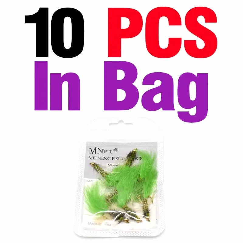 MNFT 10Pcs Goldhead Trout Fishing Flies Lures 10# Barbed Hooks - Bead Head Fishing Fly
