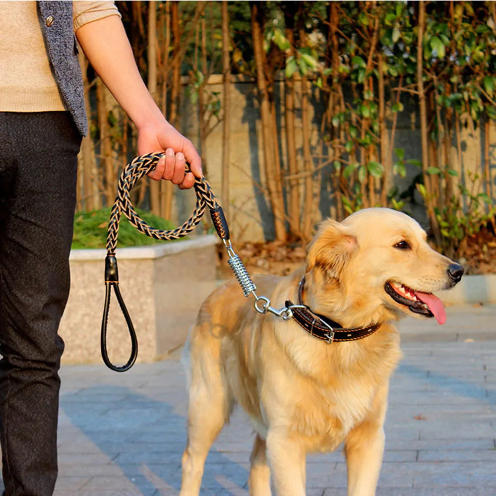 Strong Durable Real Leather Large Dog Leash with No Pull Buffer Spring Leather Braided Dog Training Leash Pet Leads Dog Chain