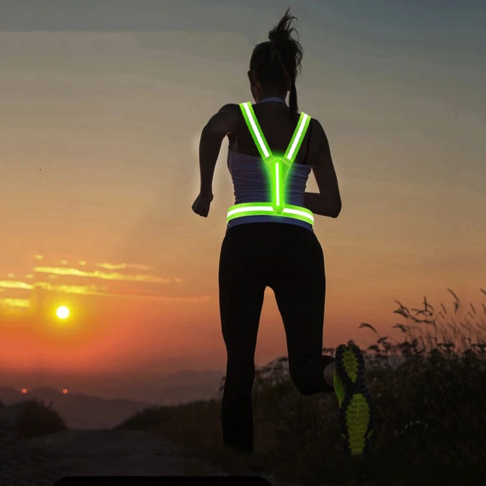 High Visibility Safety Reflective Vest USB Rechargeable LED Running Light Adjustable Cycling Vest Night Warning Work Sports Vest