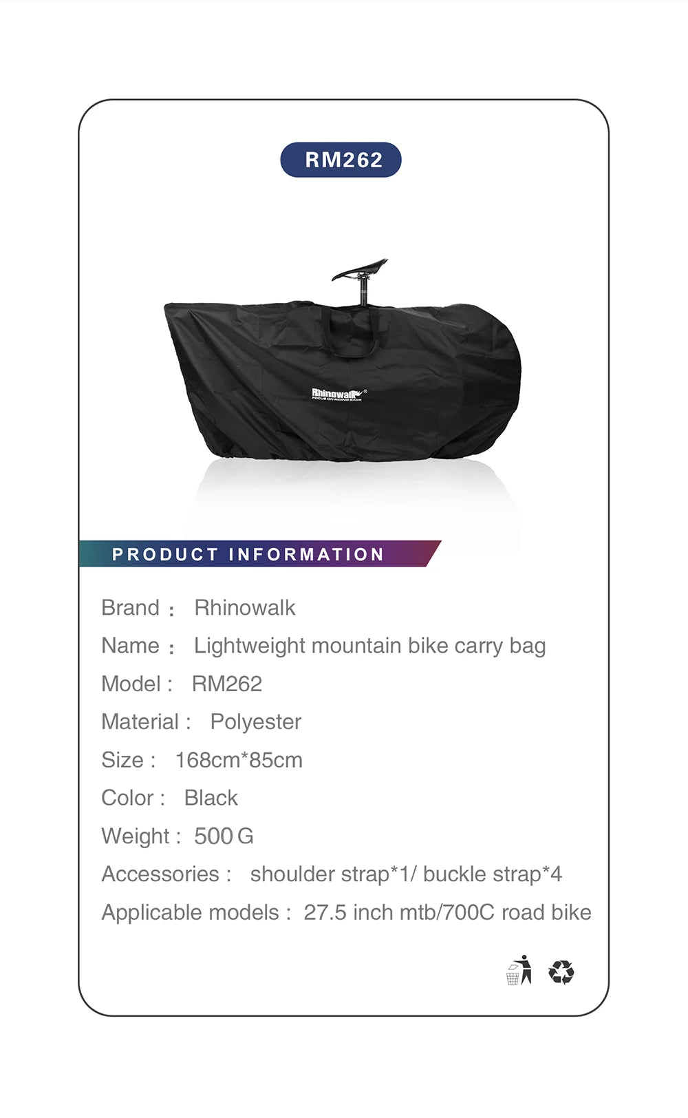 Rhinowalk Road Bicycle Storage Bag Cover Portable Fits 27.5" And below MTB/700C Road Bike Light Bike Travel Carry Shoulder Bag
