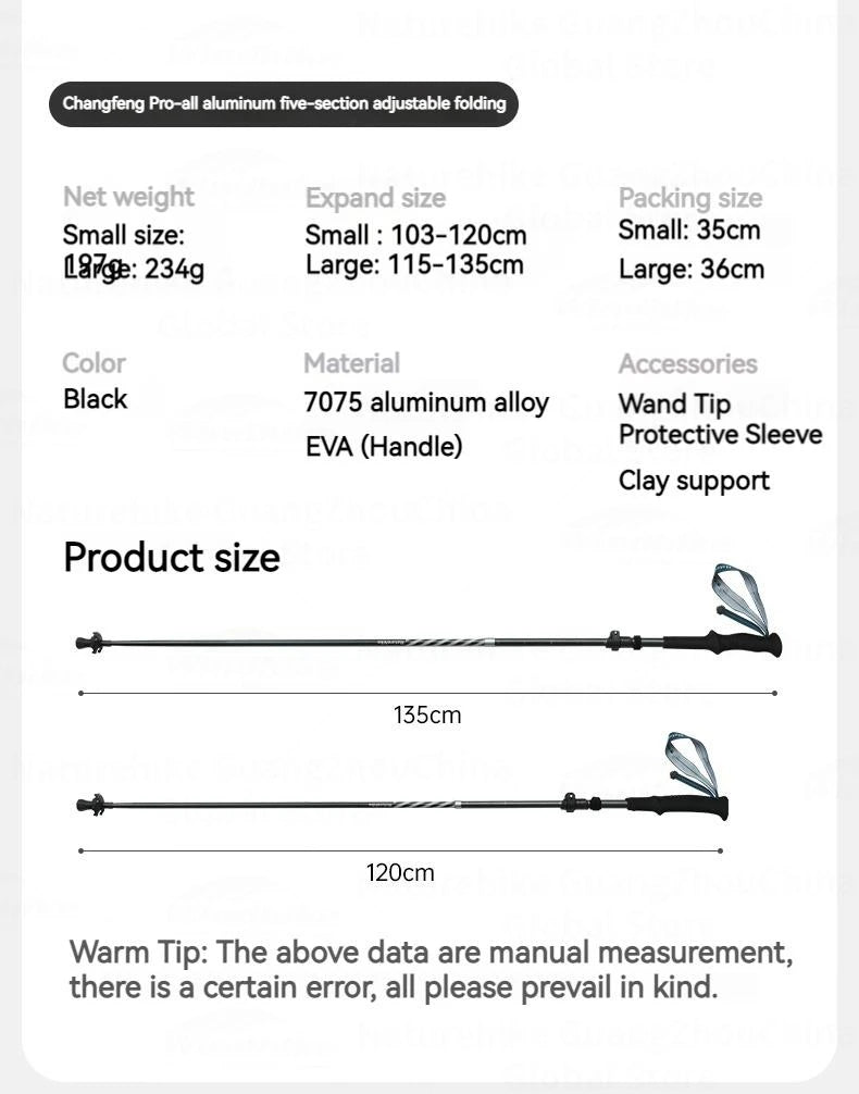 Naturehike 5-Section Walking Stick Pole Carbon Fiber Aluminum Alloy Folding Teleskopic Ultralight Trekking Hiking Canes UL Pro