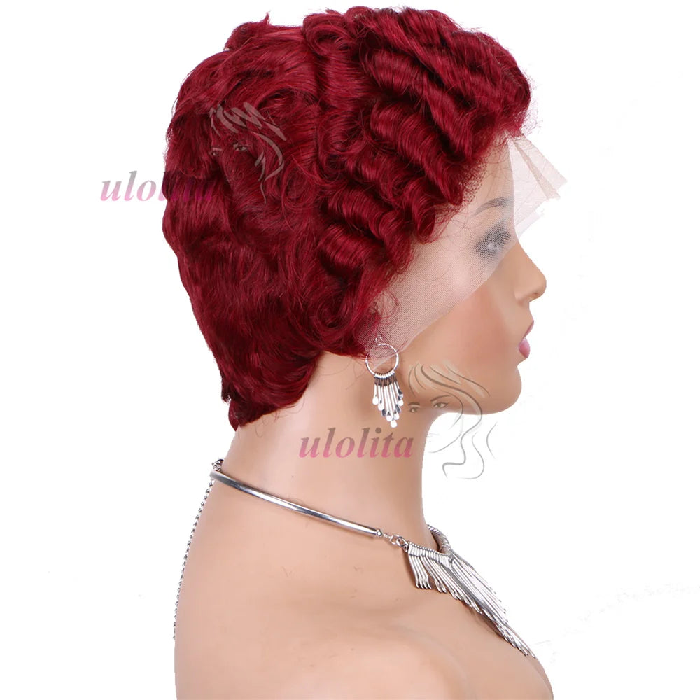 Pixie Cut Wig Short Curly Lace Front Human Hair Wigs For Black Women Raw Indian Finger Wave 13x4 Transparent Lace Frontal Wigs
