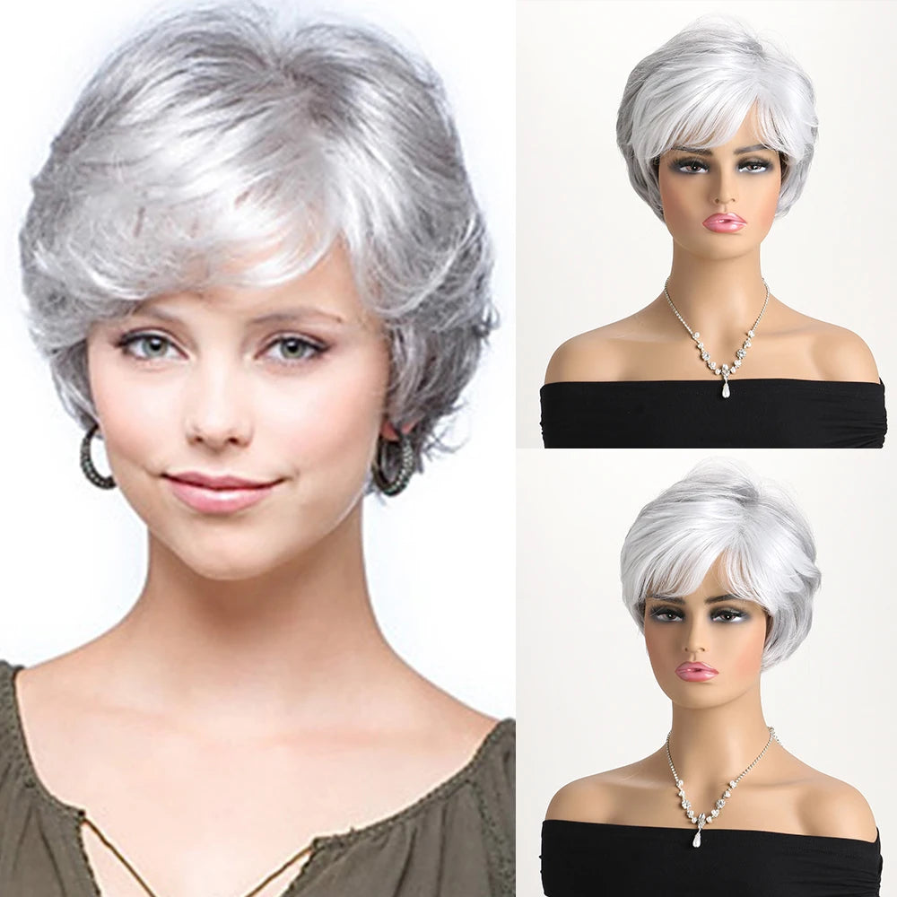 Short Natural Wigs with Bangs Soft Mommy Hair Daily Use Short Grey Ombre Curly Synthetic Hair Costume Party Wig for Women