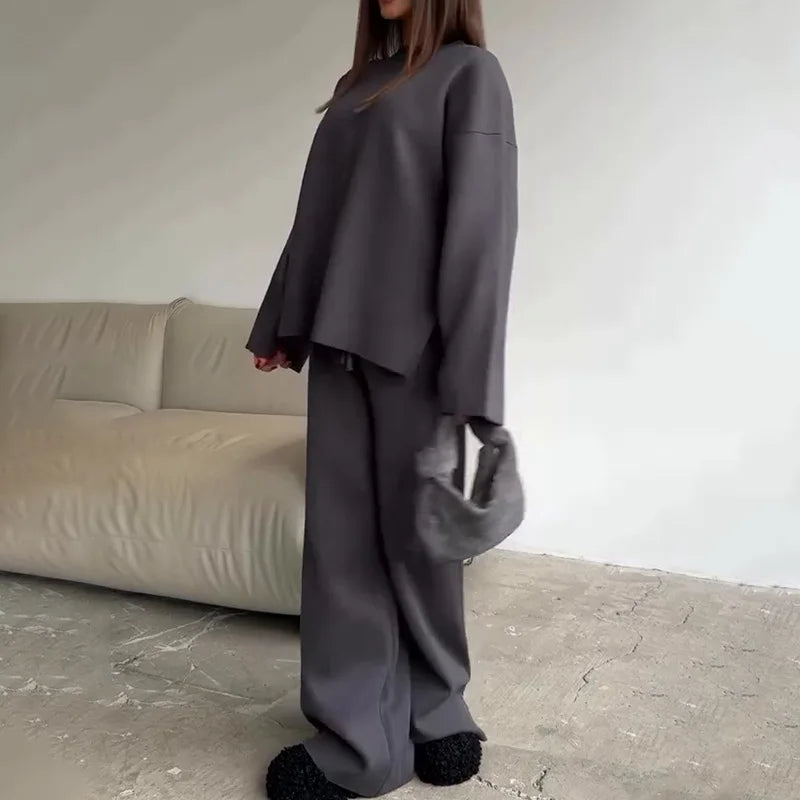 2025 Solid Color Knitted Sweater Two Piece Set Women Fashion Loose O Neck Knitting Pullover Trousers Sets Female Simple Style