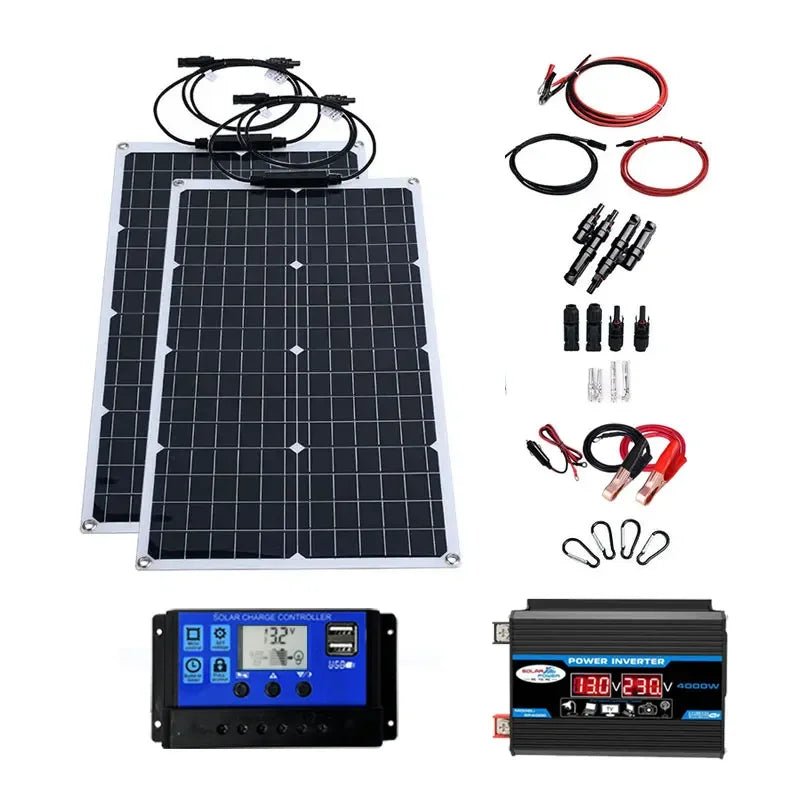 10V 220V 2000W Flexible Solar Panel System 12V Battery Charger Controller 4000W Inverter Kit Complete For Home Outdoor Capming