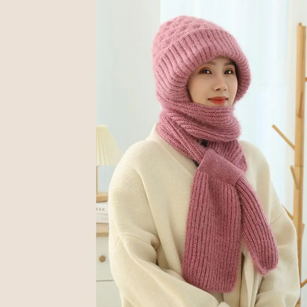 Winter Knitted Integrated Hat Scarf Set Cold Proof Ear Protection Scarf Warm Beanies Cycling Windproof Ladies Outdoor Caps