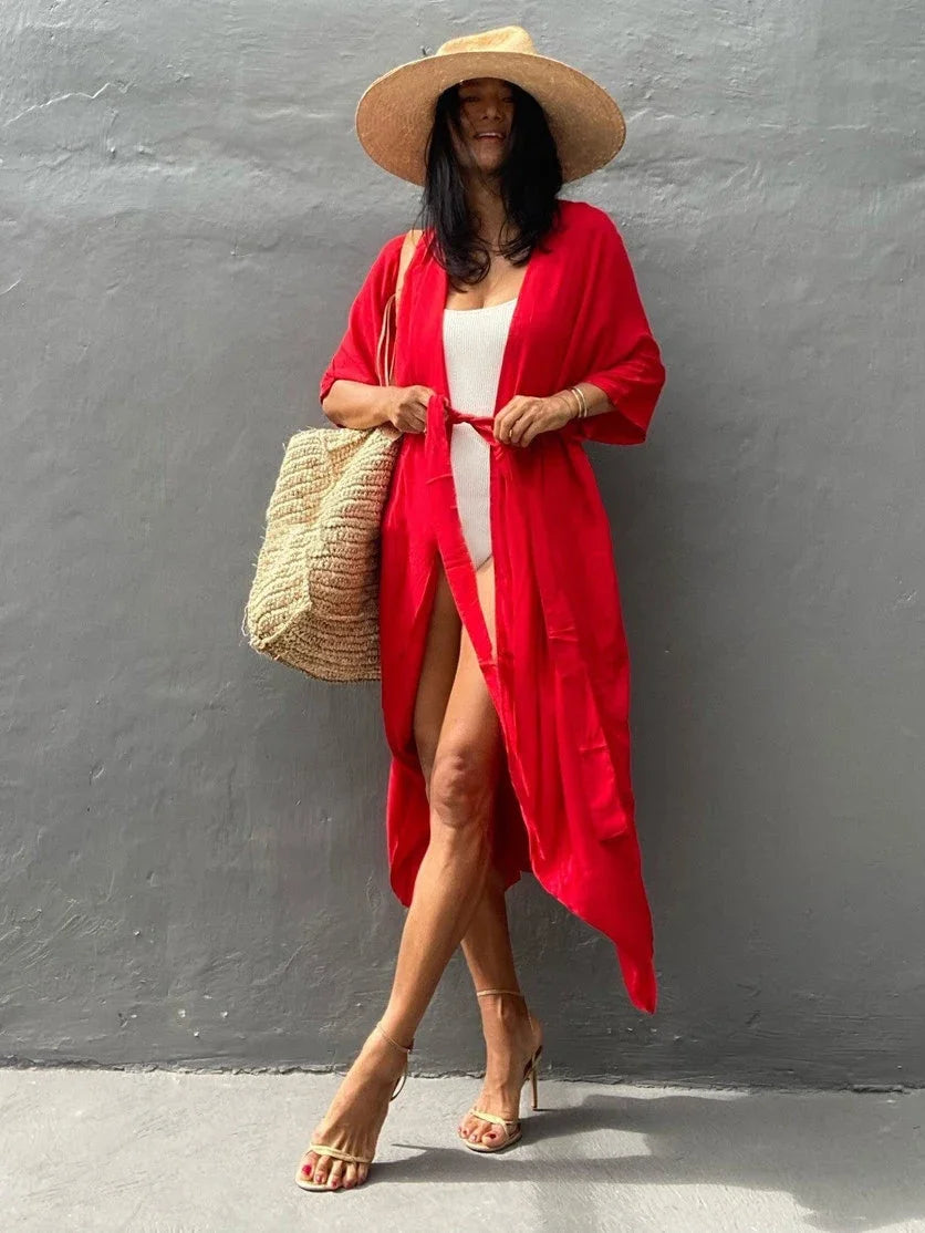 New Boho Beach Kimono Swimwear Women Cotton Holiday Summer Women's Tunic Beachwear Outfits Solid Oversize Cover-Ups