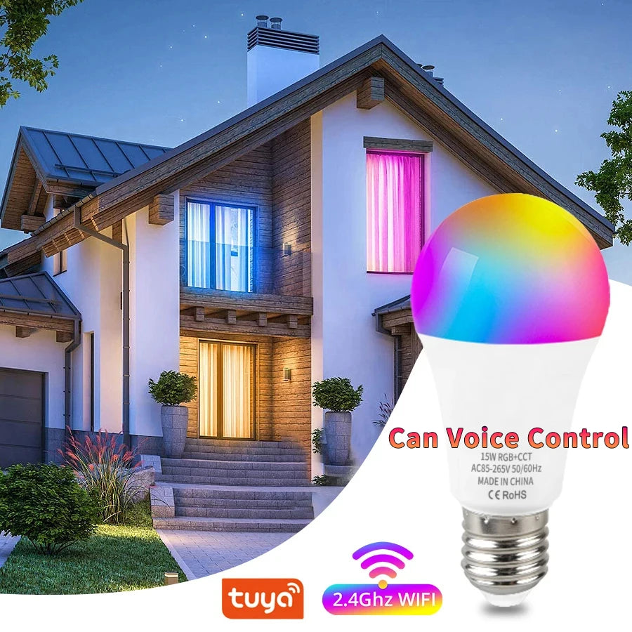 Tuya WiFi Bluetooth E27 Smart Bulb RGBCW 100-240V 15W LED Lamp E27 Light Bulbs App Voice Control Support Alexa Google Home Alice