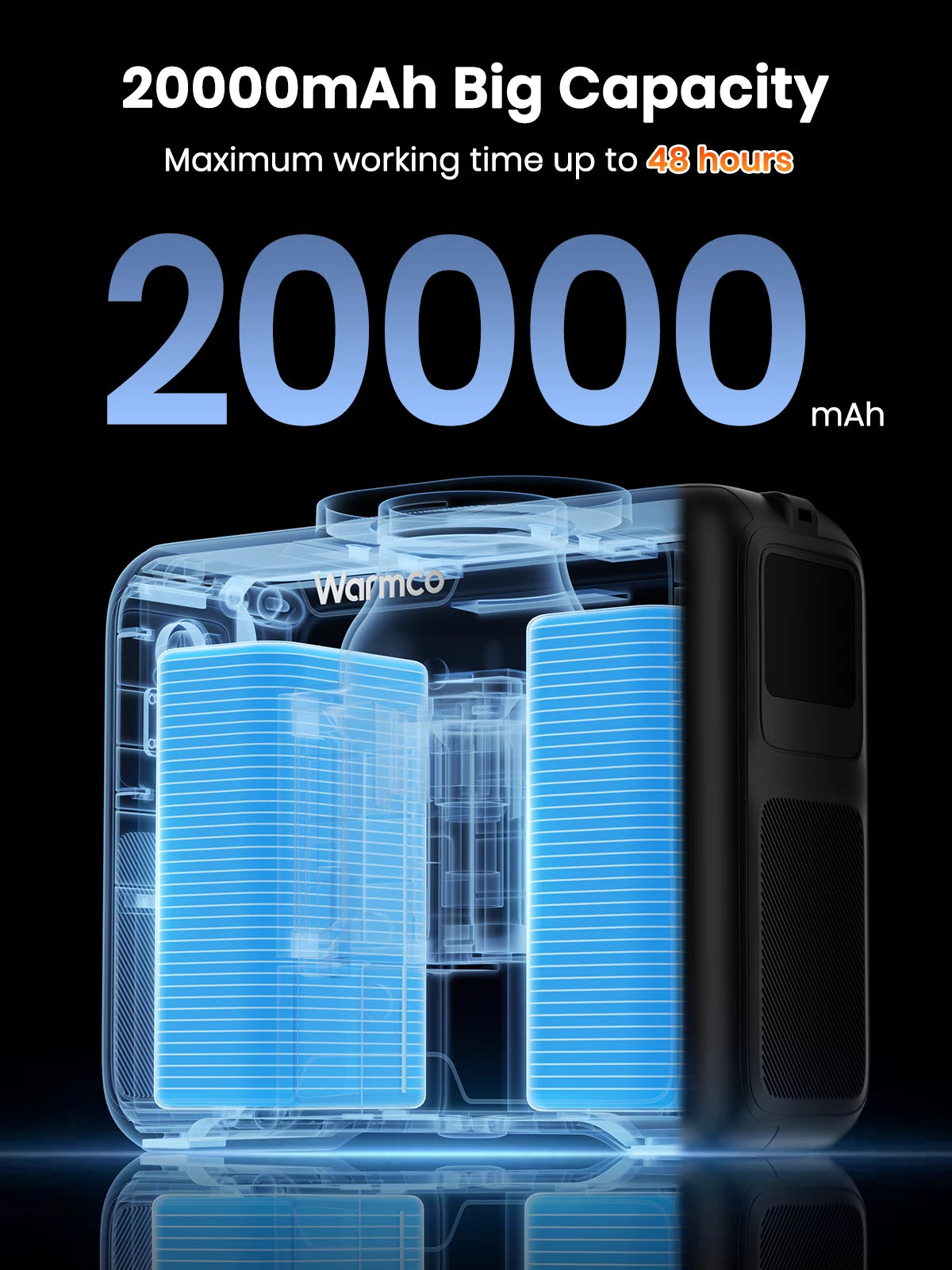 Warmco 20000mAh Portable Neck Waist Fan 72H Battery 4Speeds 15000RPM Clip On Wearable Belt Cooling Fan LED Flashlight Power Bank