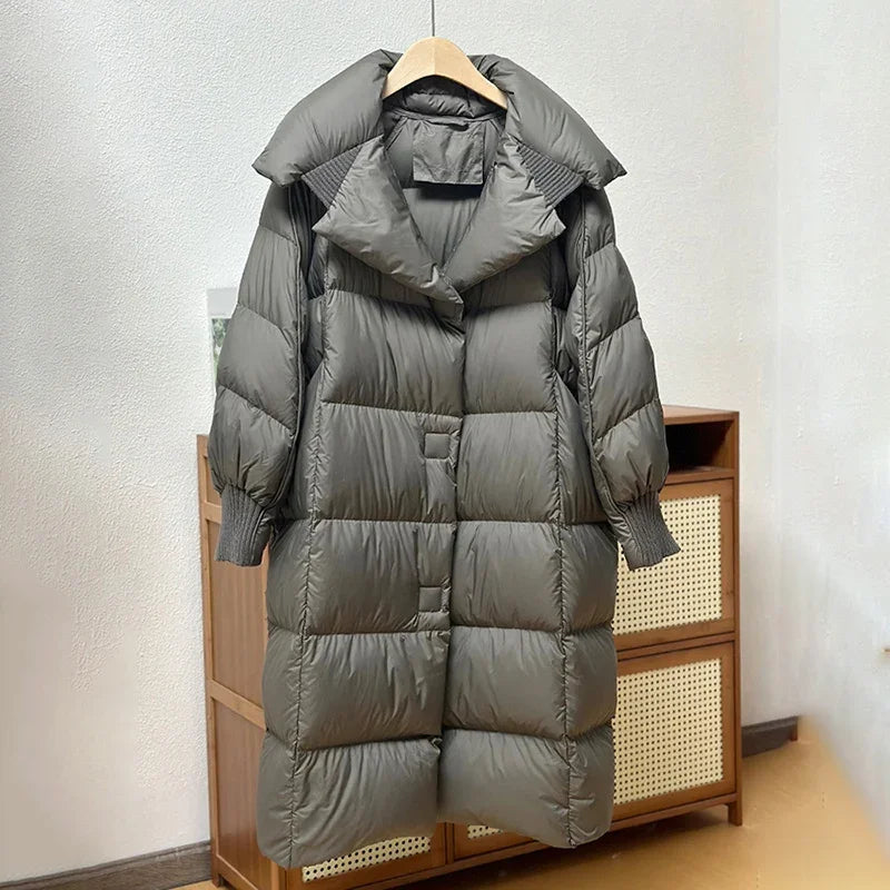 Schinteon Women White Duck Down Long Jacket Autumn Winter Warm Casual Over Size Loose Outwear Soft Comfortable Fashion Coat New