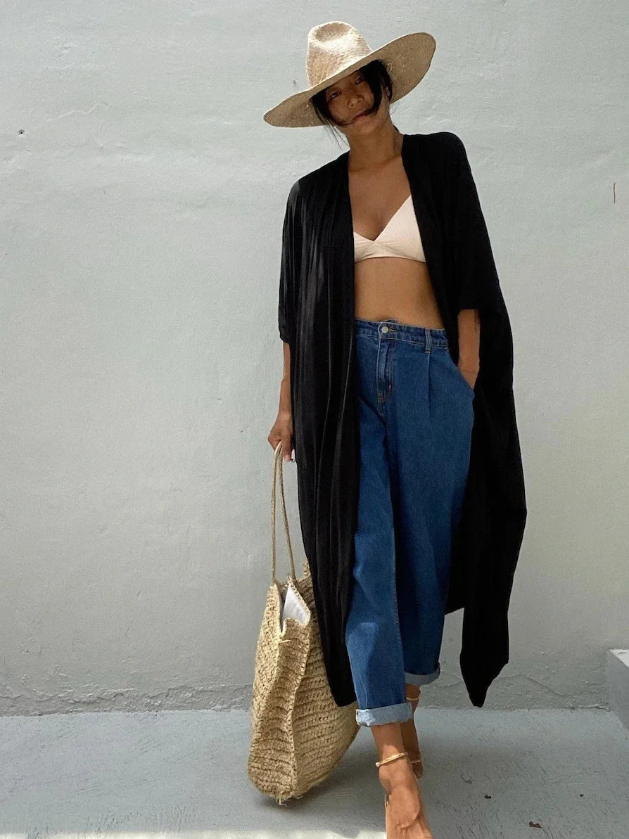New Boho Beach Kimono Swimwear Women Cotton Holiday Summer Women's Tunic Beachwear Outfits Solid Oversize Cover-Ups