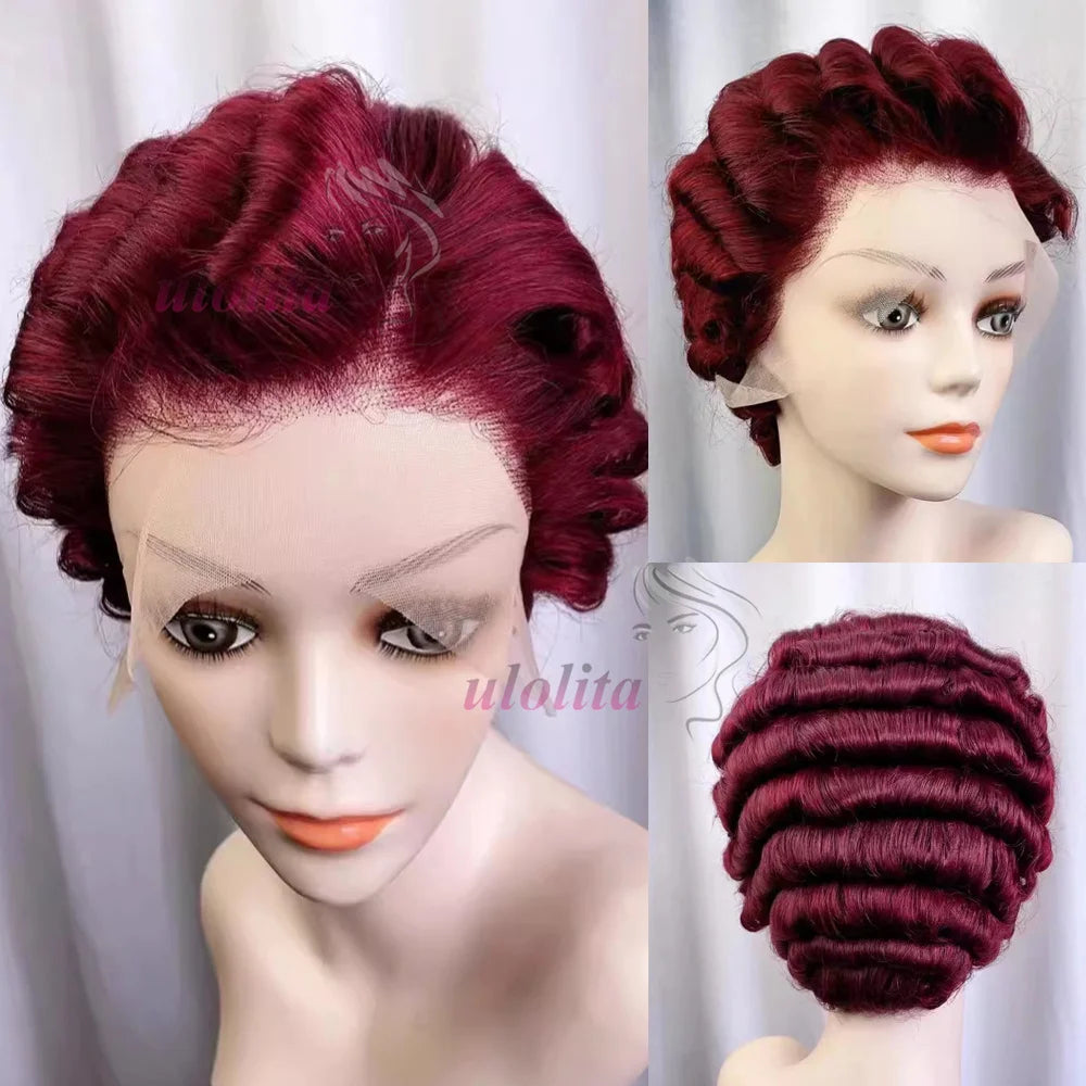Pixie Cut Wig Short Curly Lace Front Human Hair Wigs For Black Women Raw Indian Finger Wave 13x4 Transparent Lace Frontal Wigs
