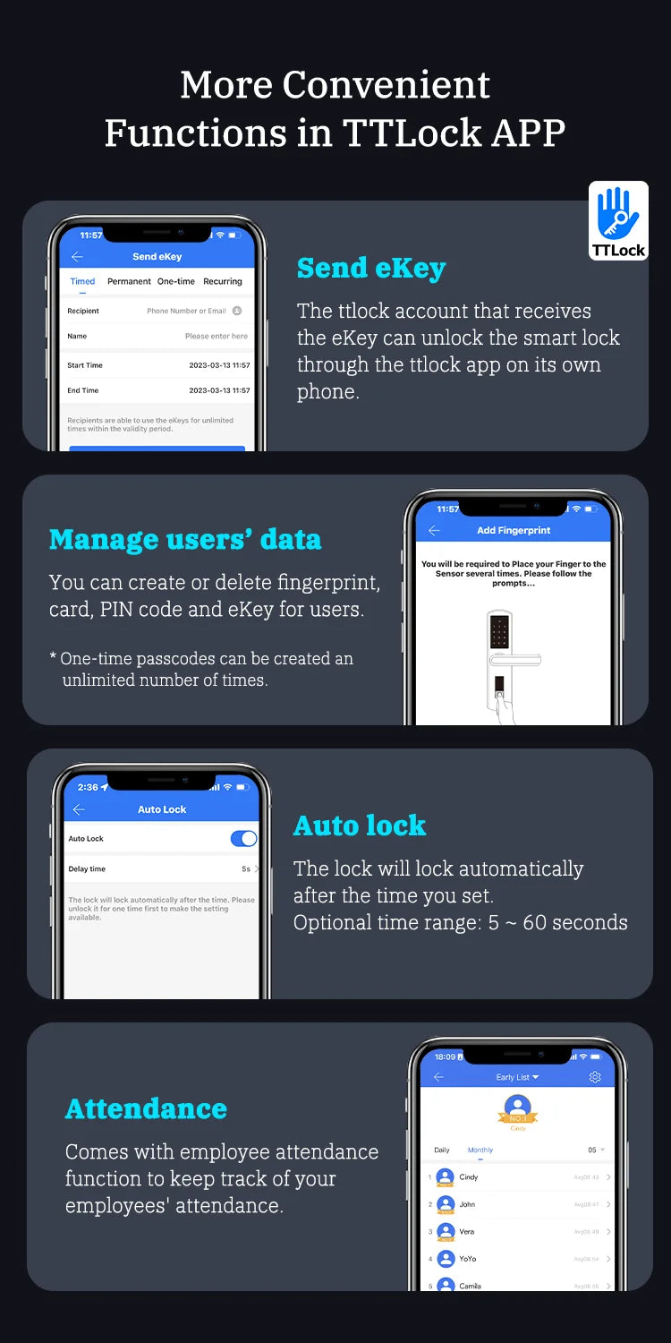 Bluetooth Fingerprint Door Lock TTLock App Code Card Key Touch Screen Smart Door Lock Security Digital Electronic Lock For Home