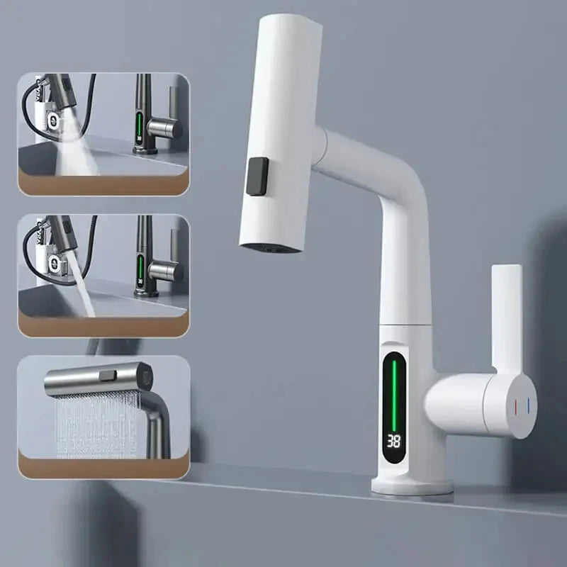 Waterfall Temperature Digital Display Basin Faucet Lift Up Down Stream Sprayer Hot Cold Water Sink Mixer Wash Tap For Bathroom