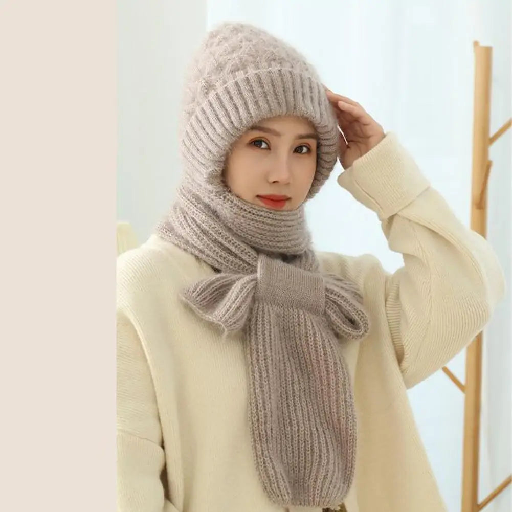 Winter Knitted Integrated Hat Scarf Set Cold Proof Ear Protection Scarf Warm Beanies Cycling Windproof Ladies Outdoor Caps