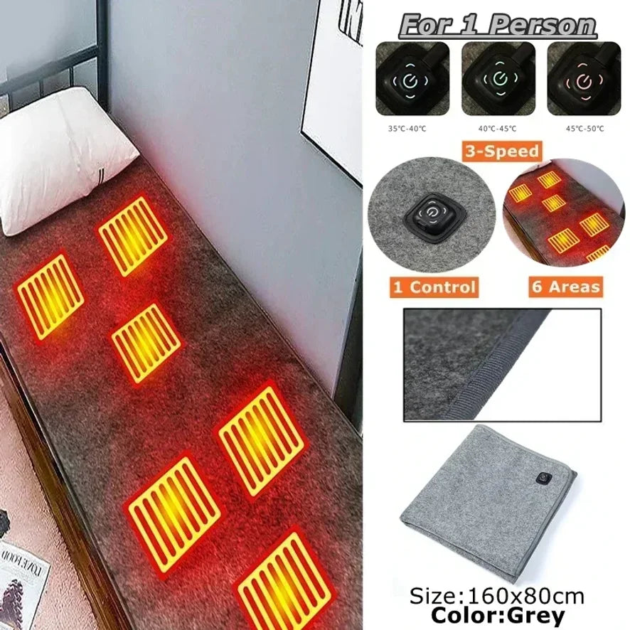 160*80cm 10W DC Heated Mat Plush Electric Blanket Single Mattress USB Type-C Interface Portable Washable Office Bedroom Outdoor