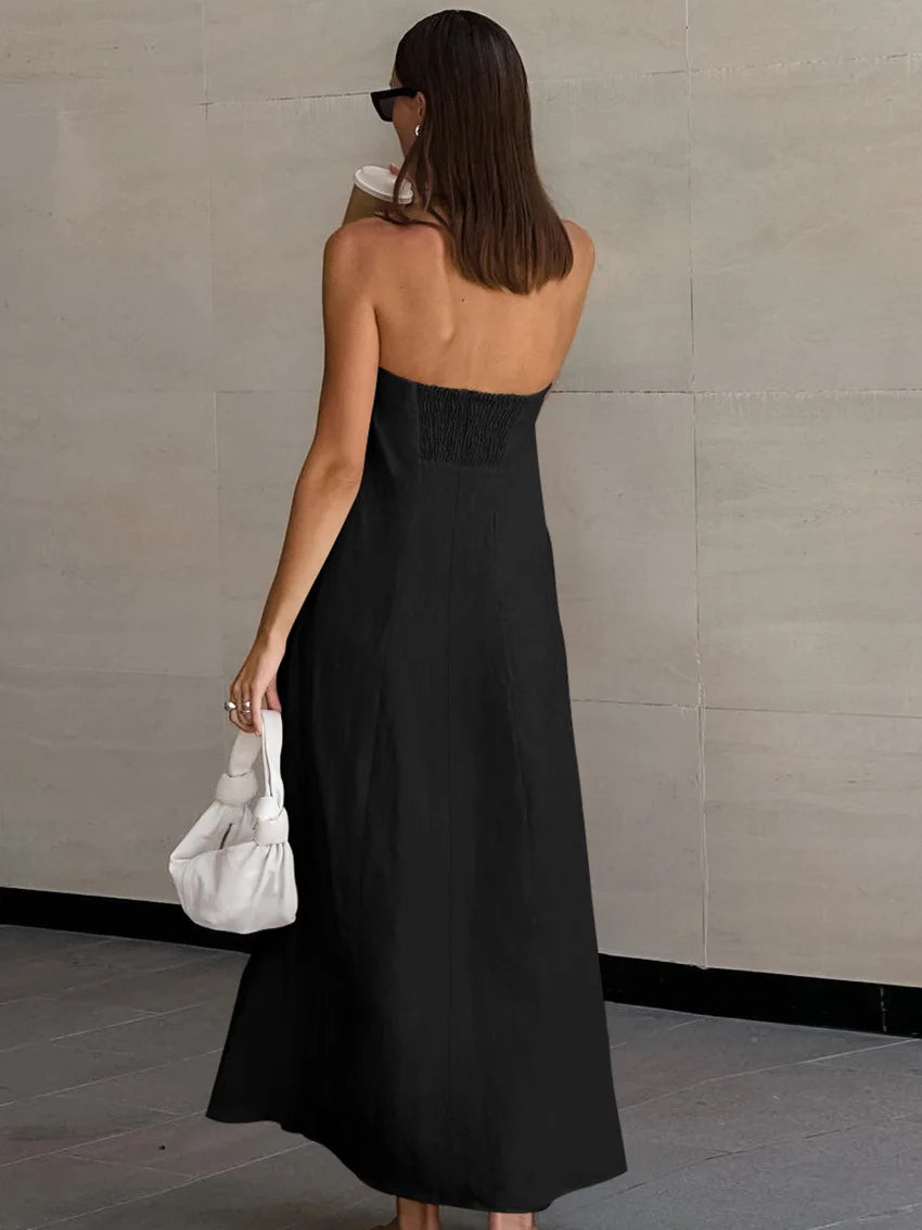 Minimalist Cotton Linen Design Strapless Dress Summer Women's Personal Street Elastic Backless Pocket Vacation Beach Dress