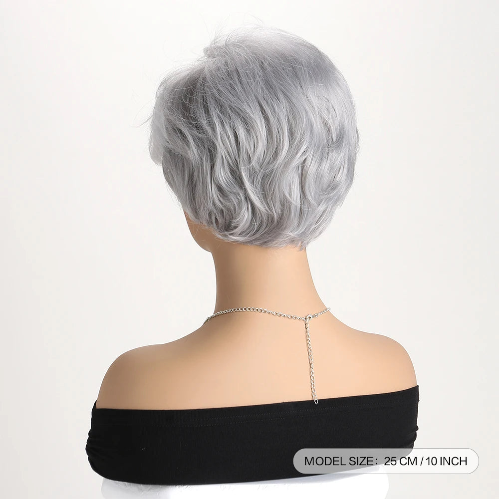 Short Natural Wigs with Bangs Soft Mommy Hair Daily Use Short Grey Ombre Curly Synthetic Hair Costume Party Wig for Women