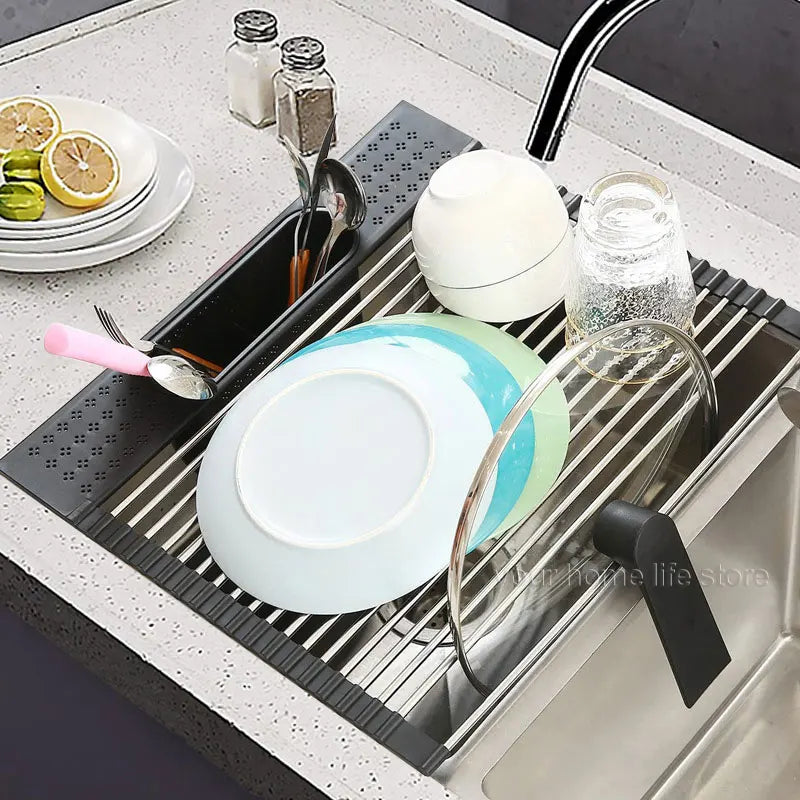 Kitchen Rolling Dish Drainer Roll Up Dish Drying Rack Over The Sink kitchen accessories,storage organization Foldable bowl shelf