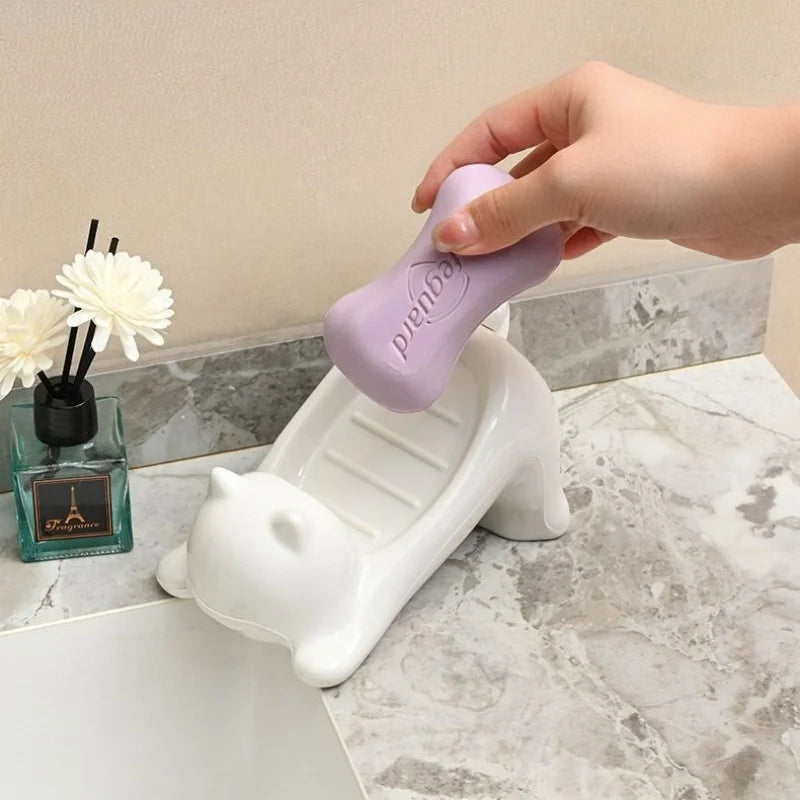 Kawaii White Cat Soap Drain Rack Kitchen Sponge Storage Rack Bathroom Soap Holder Non-slip Container Cute Home Organizer