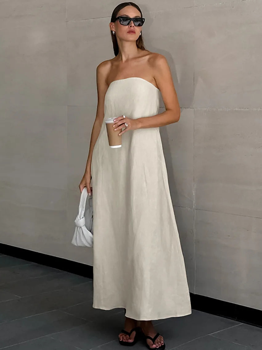 Minimalist Cotton Linen Design Strapless Dress Summer Women's Personal Street Elastic Backless Pocket Vacation Beach Dress
