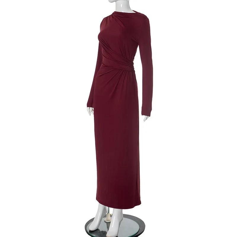 Tossy Pleated Slim Fashion Maxi Dress For Women Elegant High Waist Long Sleeve Bandage Autumn Dress Ladies Patchwork Long Dress