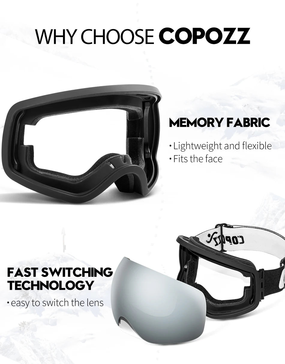 COPOZZ Outdoor Sports Ski Goggles UV400 Protection Ski Mask Male Female Anti-Fog Big Face Snow Glasses Snowboard Skiing Eyewear