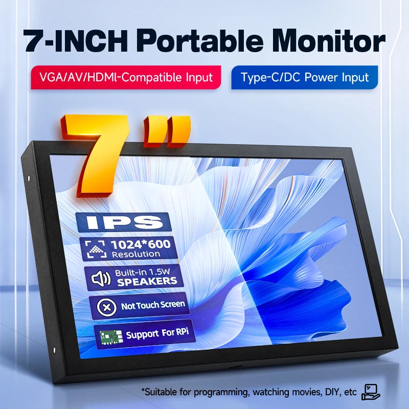 7 Inch Portable Display IPS 1024x600 LCD HDMI-compatible VGA AV Input DC Type C Power In for PC Laptop Camera TV Box DVD ScreenComputer MonitorsGoWisse.com
