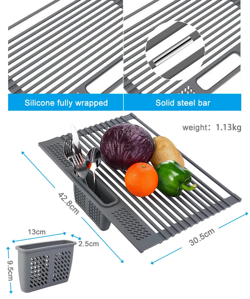 Kitchen Rolling Dish Drainer Roll Up Dish Drying Rack Over The Sink kitchen accessories,storage organization Foldable bowl shelf