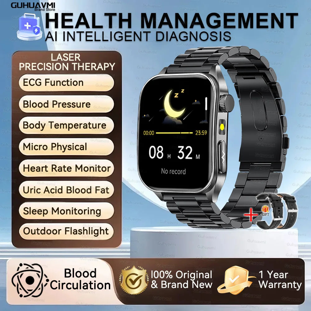 2025 New Mcro Phsical Examination 650nm Laser Therapy ECG Urci Acid Blood Fat Smart Watch Men Blood Pressure Heart Rate Bracelet